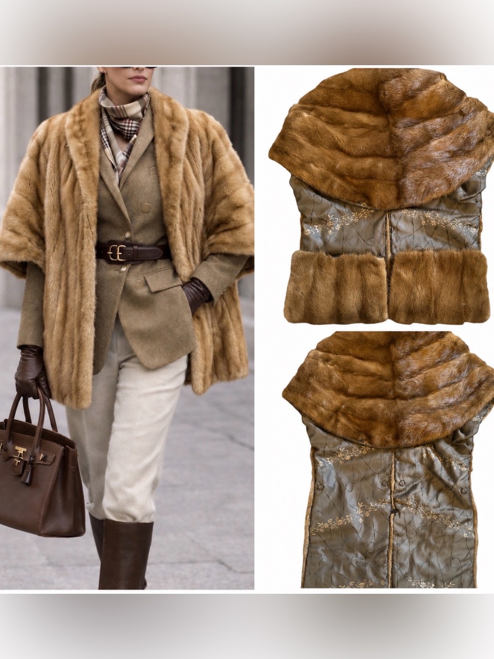 Honey Brown Mink Shawl Stole Wrap Convertible Pocket Hidden Snap Hand Warmer